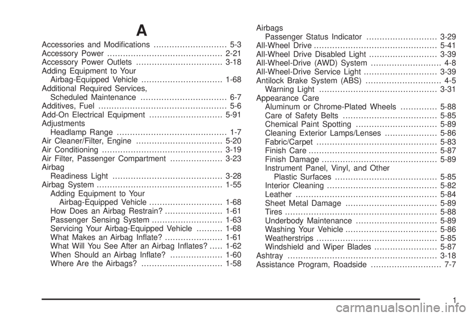 PONTIAC TORRENT 2009  Owners Manual A
Accessories and Modi�cations............................ 5-3
Accessory Power............................................2-21
Accessory Power Outlets.................................3-18
Adding Equip