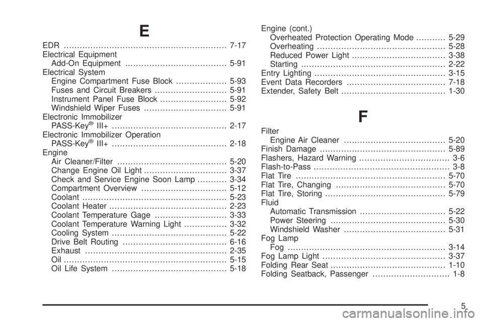 PONTIAC TORRENT 2009  Owners Manual E
EDR .............................................................7-17
Electrical Equipment
Add-On Equipment......................................5-91
Electrical System
Engine Compartment Fuse Block.