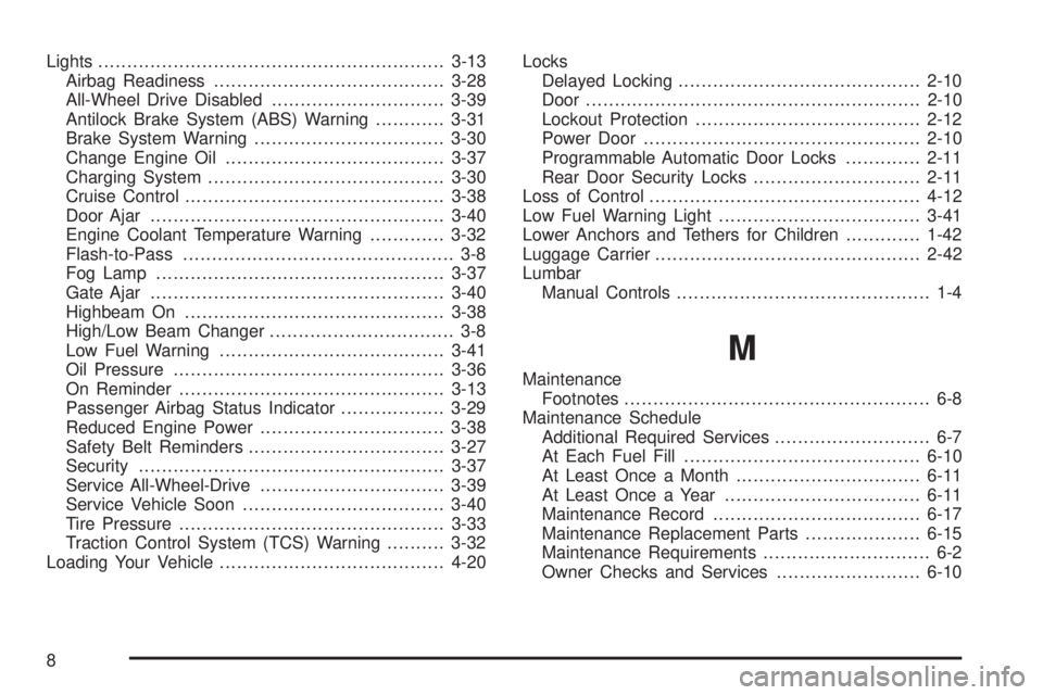 PONTIAC TORRENT 2009  Owners Manual Lights............................................................3-13
Airbag Readiness........................................3-28
All-Wheel Drive Disabled..............................3-39
Antilock 