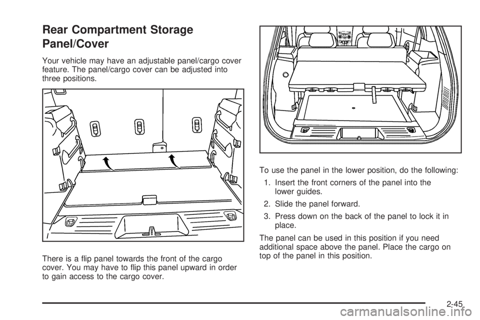PONTIAC TORRENT 2008  Owners Manual Rear Compartment Storage
Panel/Cover
Your vehicle may have an adjustable panel/cargo cover
feature. The panel/cargo cover can be adjusted into
three positions.
There is a �ip panel towards the front o