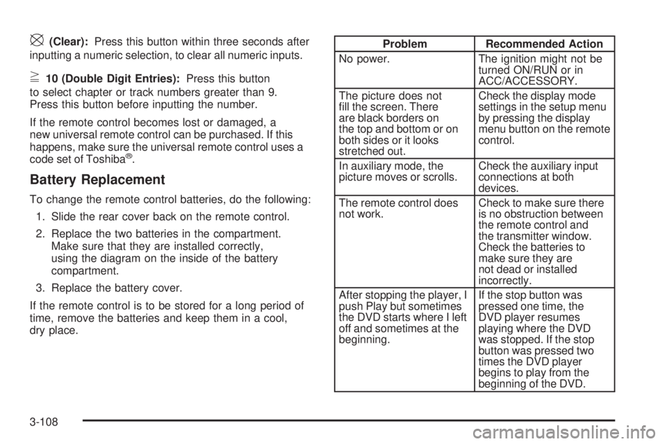 PONTIAC TORRENT 2008  Owners Manual \(Clear):Press this button within three seconds after
inputting a numeric selection, to clear all numeric inputs.
}10 (Double Digit Entries):Press this button
to select chapter or track numbers greate