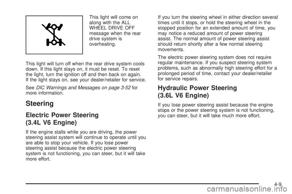 PONTIAC TORRENT 2008  Owners Manual This light will come on
along with the ALL
WHEEL DRIVE OFF
message when the rear
drive system is
overheating.
This light will turn off when the rear drive system cools
down. If this light stays on, it