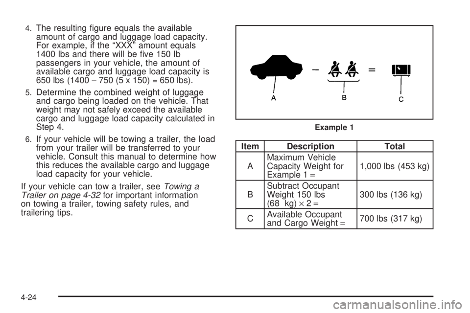 PONTIAC TORRENT 2008  Owners Manual 4.The resulting �gure equals the available
amount of cargo and luggage load capacity.
For example, if the “XXX” amount equals
1400 lbs and there will be �ve 150 lb
passengers in your vehicle, the 
