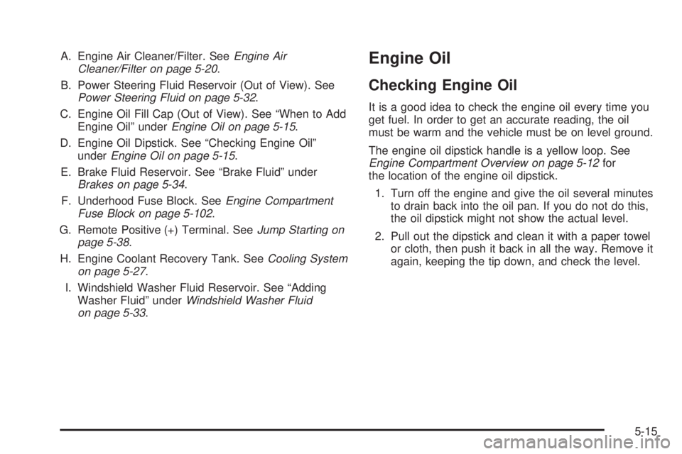 PONTIAC TORRENT 2008  Owners Manual A. Engine Air Cleaner/Filter. SeeEngine Air
Cleaner/Filter on page 5-20.
B. Power Steering Fluid Reservoir (Out of View). See
Power Steering Fluid on page 5-32.
C. Engine Oil Fill Cap (Out of View). S