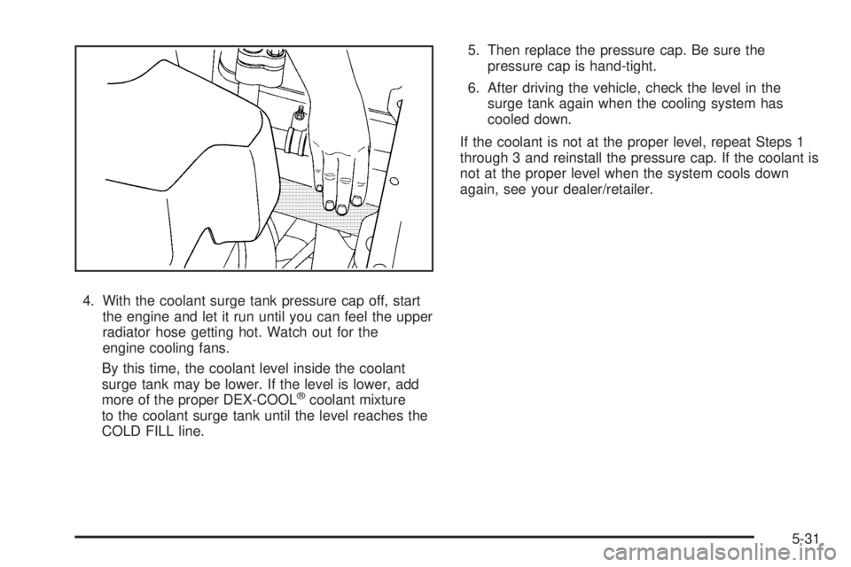 PONTIAC TORRENT 2008 Owners Manual 4. With the coolant surge tank pressure cap off, start
the engine and let it run until you can feel the upper
radiator hose getting hot. Watch out for the
engine cooling fans.
By this time, the coolan PONTIAC TORRENT 2008 Owners Manual 4. With the coolant surge tank pressure cap off, start
the engine and let it run until you can feel the upper
radiator hose getting hot. Watch out for the
engine cooling fans.
By this time, the coolan