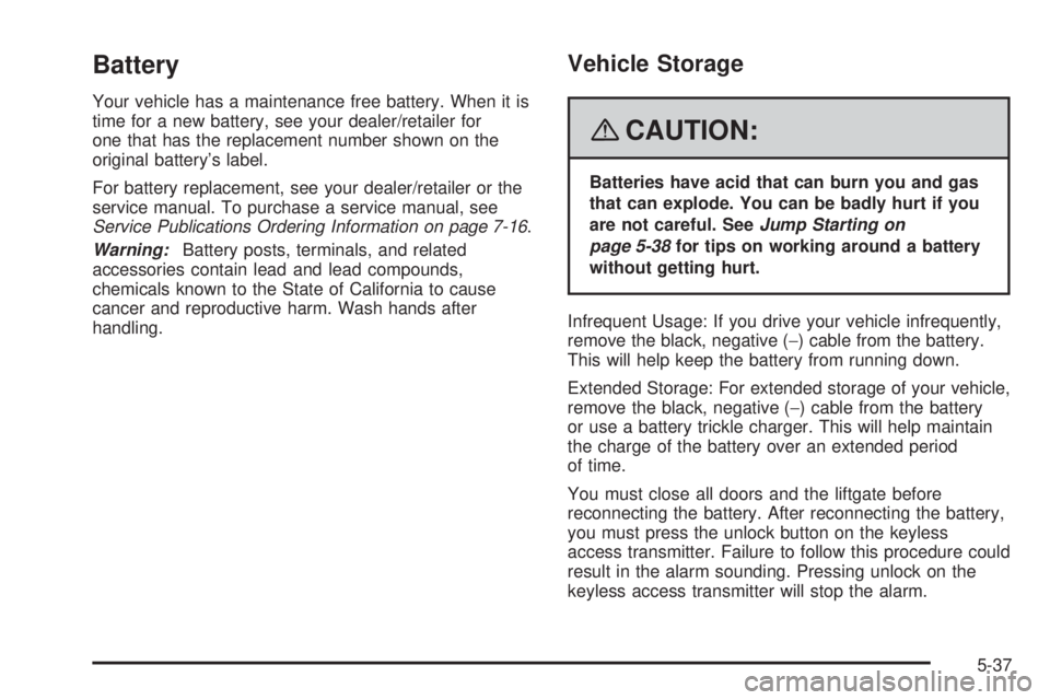 PONTIAC TORRENT 2008  Owners Manual Battery
Your vehicle has a maintenance free battery. When it is
time for a new battery, see your dealer/retailer for
one that has the replacement number shown on the
original battery’s label.
For ba