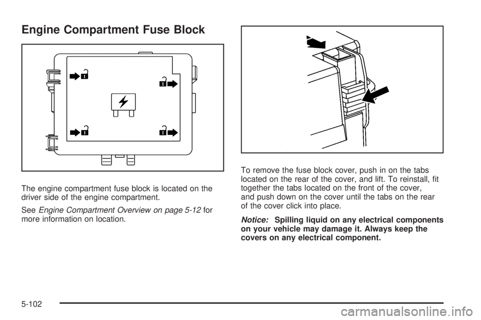 PONTIAC TORRENT 2008  Owners Manual Engine Compartment Fuse Block
The engine compartment fuse block is located on the
driver side of the engine compartment.
SeeEngine Compartment Overview on page 5-12for
more information on location.To 