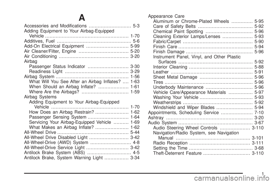 PONTIAC TORRENT 2008  Owners Manual A
Accessories and Modi�cations............................ 5-3
Adding Equipment to Your Airbag-Equipped
Vehicle.......................................................1-70
Additives, Fuel..............