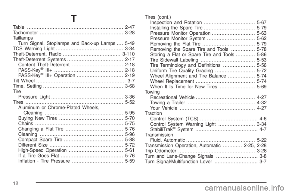 PONTIAC TORRENT 2008  Owners Manual T
Table............................................................2-47
Tachometer....................................................3-28
Taillamps
Turn Signal, Stoplamps and Back-up Lamps....5-49
TC
