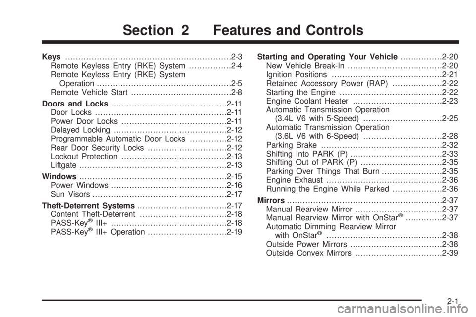 PONTIAC TORRENT 2008 Owners Manual Keys...............................................................2-3
Remote Keyless Entry (RKE) System................2-4
Remote Keyless Entry (RKE) System
Operation................................. PONTIAC TORRENT 2008 Owners Manual Keys...............................................................2-3
Remote Keyless Entry (RKE) System................2-4
Remote Keyless Entry (RKE) System
Operation.................................