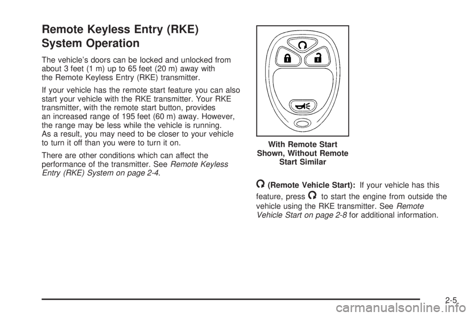 PONTIAC TORRENT 2008  Owners Manual Remote Keyless Entry (RKE)
System Operation
The vehicle’s doors can be locked and unlocked from
about 3 feet (1 m) up to 65 feet (20 m) away with
the Remote Keyless Entry (RKE) transmitter.
If your 