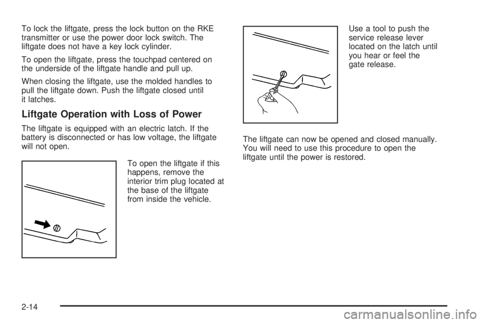 PONTIAC TORRENT 2008 Manual Online To lock the liftgate, press the lock button on the RKE
transmitter or use the power door lock switch. The
liftgate does not have a key lock cylinder.
To open the liftgate, press the touchpad centered 