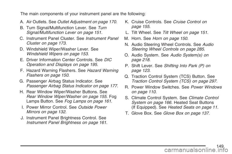 PONTIAC TORRENT 2007  Owners Manual The main components of your instrument panel are the following:
A. Air Outlets. SeeOutlet Adjustment on page 170.
B. Turn Signal/Multifunction Lever. SeeTurn
Signal/Multifunction Lever on page 151.
C.