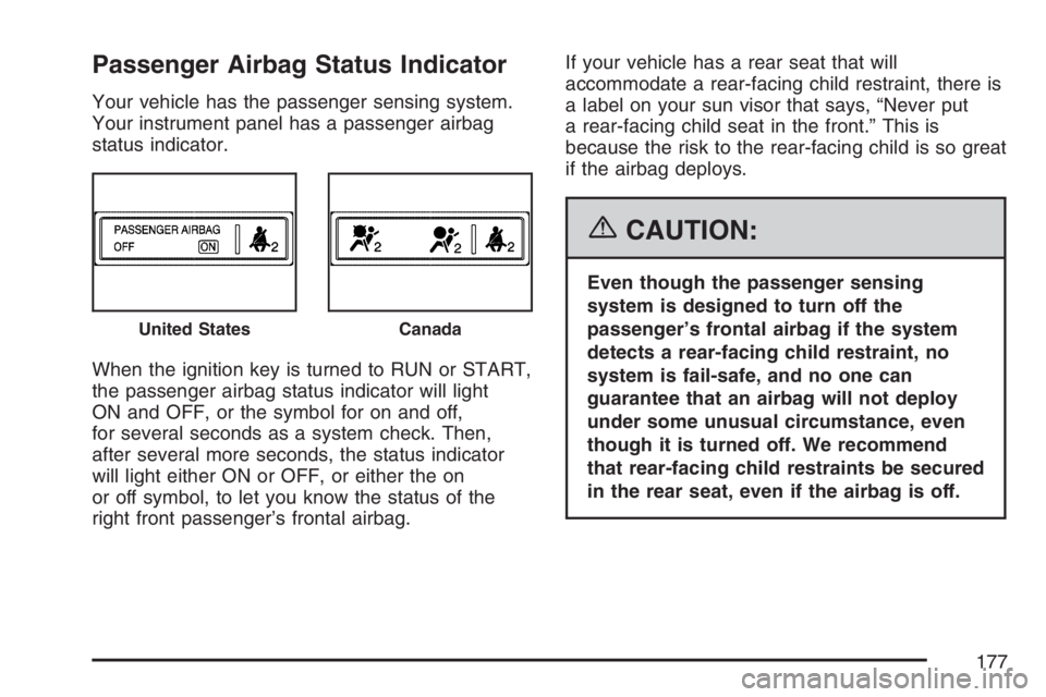 PONTIAC TORRENT 2007  Owners Manual Passenger Airbag Status Indicator
Your vehicle has the passenger sensing system.
Your instrument panel has a passenger airbag
status indicator.
When the ignition key is turned to RUN or START,
the pas