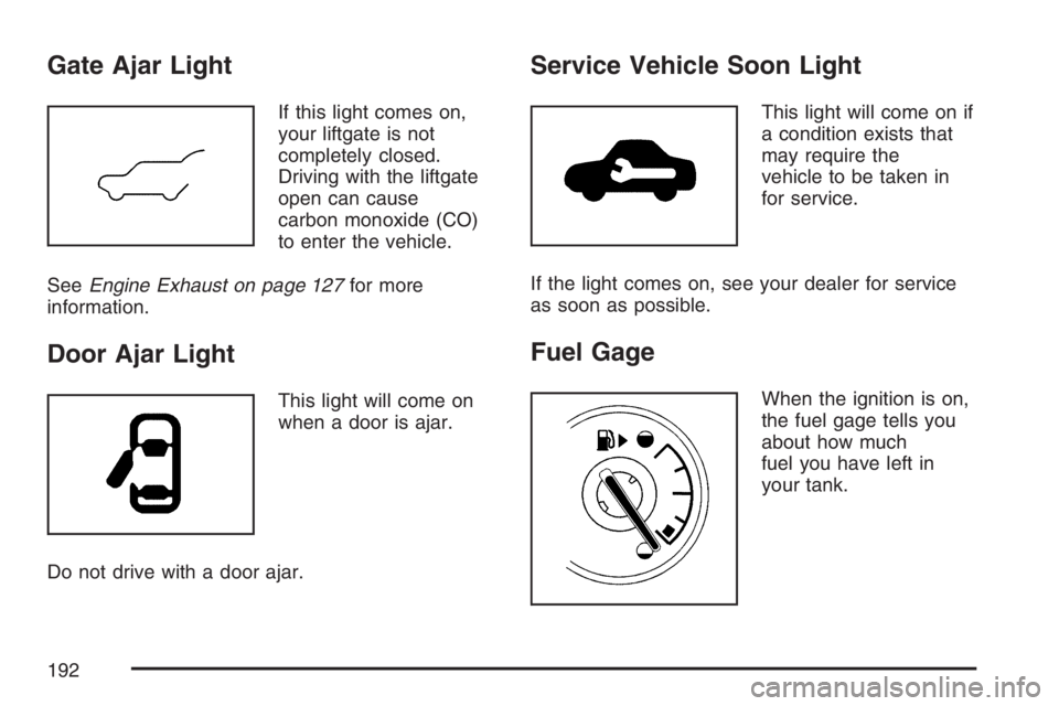PONTIAC TORRENT 2007  Owners Manual Gate Ajar Light
If this light comes on,
your liftgate is not
completely closed.
Driving with the liftgate
open can cause
carbon monoxide (CO)
to enter the vehicle.
SeeEngine Exhaust on page 127for mor