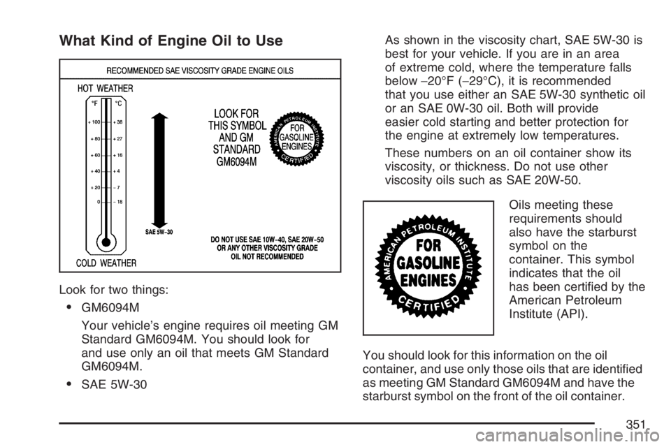 PONTIAC TORRENT 2007  Owners Manual What Kind of Engine Oil to Use
Look for two things:
GM6094M
Your vehicle’s engine requires oil meeting GM
Standard GM6094M. You should look for
and use only an oil that meets GM Standard
GM6094M.
