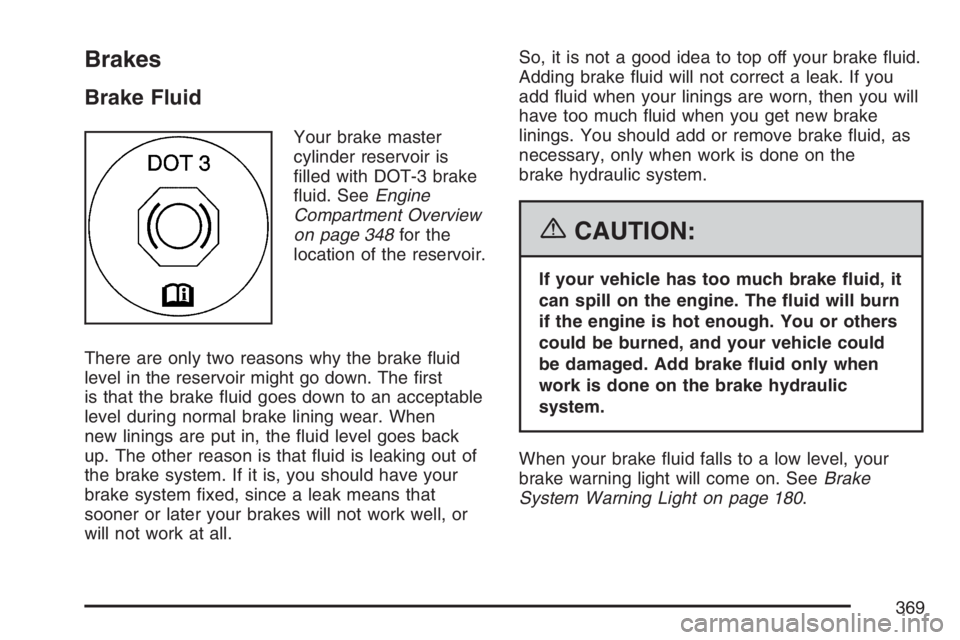 PONTIAC TORRENT 2007  Owners Manual Brakes
Brake Fluid
Your brake master
cylinder reservoir is
�lled with DOT-3 brake
�uid. SeeEngine
Compartment Overview
on page 348for the
location of the reservoir.
There are only two reasons why the 