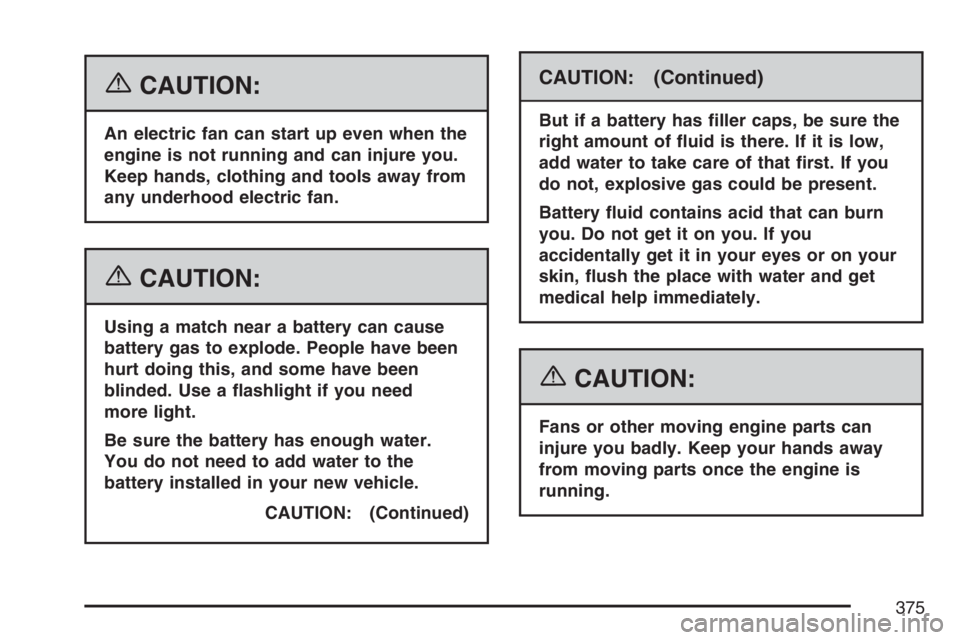PONTIAC TORRENT 2007  Owners Manual {CAUTION:
An electric fan can start up even when the
engine is not running and can injure you.
Keep hands, clothing and tools away from
any underhood electric fan.
{CAUTION:
Using a match near a batte