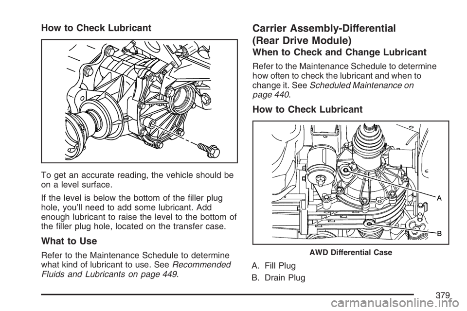 PONTIAC TORRENT 2007  Owners Manual How to Check Lubricant
To get an accurate reading, the vehicle should be
on a level surface.
If the level is below the bottom of the �ller plug
hole, you’ll need to add some lubricant. Add
enough lu