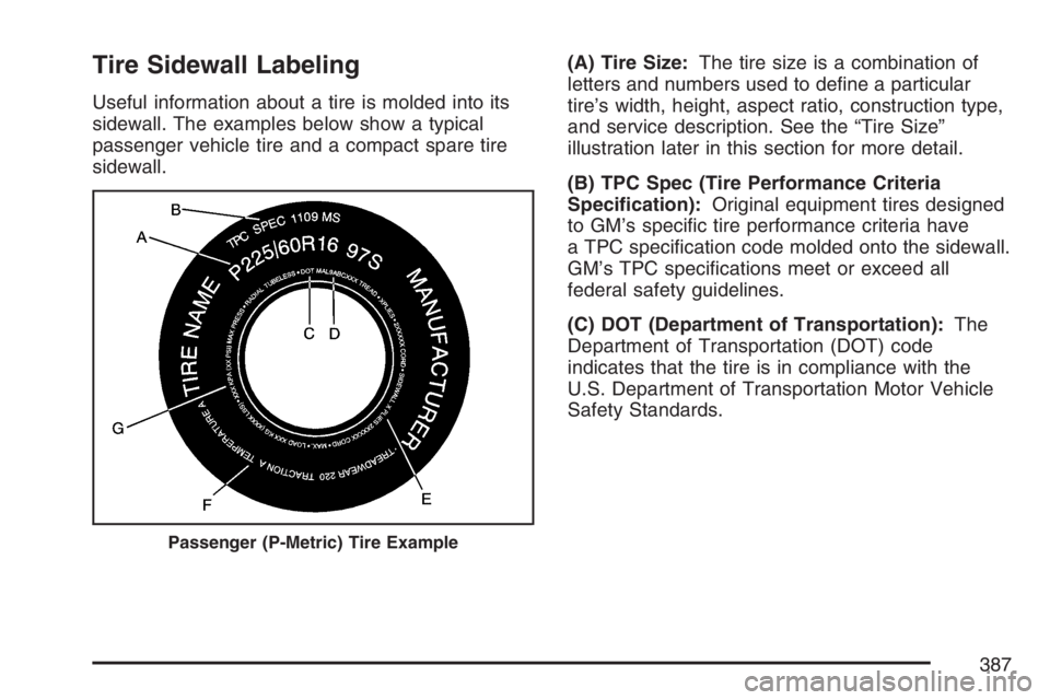 PONTIAC TORRENT 2007  Owners Manual Tire Sidewall Labeling
Useful information about a tire is molded into its
sidewall. The examples below show a typical
passenger vehicle tire and a compact spare tire
sidewall.(A) Tire Size:The tire si