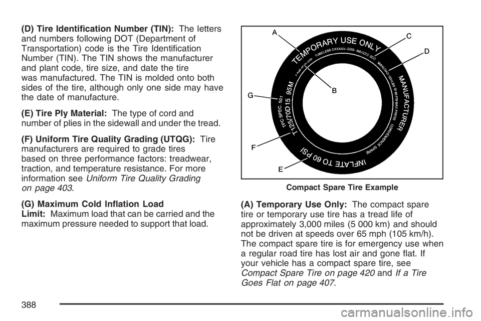 PONTIAC TORRENT 2007  Owners Manual (D) Tire Identi�cation Number (TIN):The letters
and numbers following DOT (Department of
Transportation) code is the Tire Identi�cation
Number (TIN). The TIN shows the manufacturer
and plant code, tir