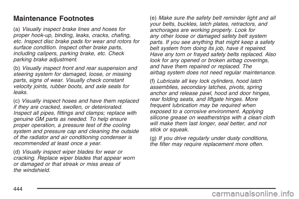 PONTIAC TORRENT 2007  Owners Manual Maintenance Footnotes
(a)Visually inspect brake lines and hoses for
proper hook-up, binding, leaks, cracks, cha�ng,
etc. Inspect disc brake pads for wear and rotors for
surface condition. Inspect othe