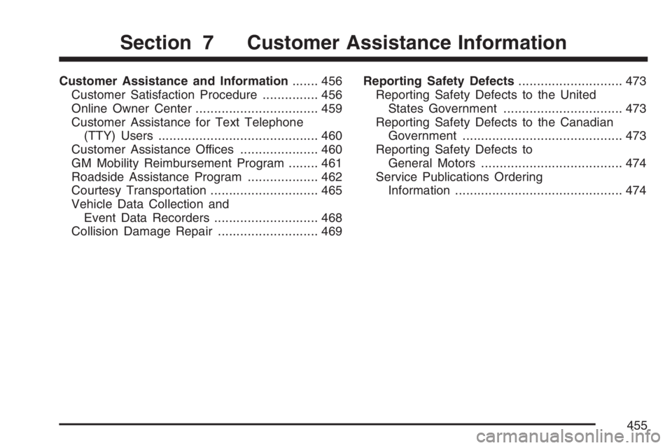 PONTIAC TORRENT 2007  Owners Manual Customer Assistance and Information....... 456
Customer Satisfaction Procedure............... 456
Online Owner Center................................. 459
Customer Assistance for Text Telephone
(TTY) 