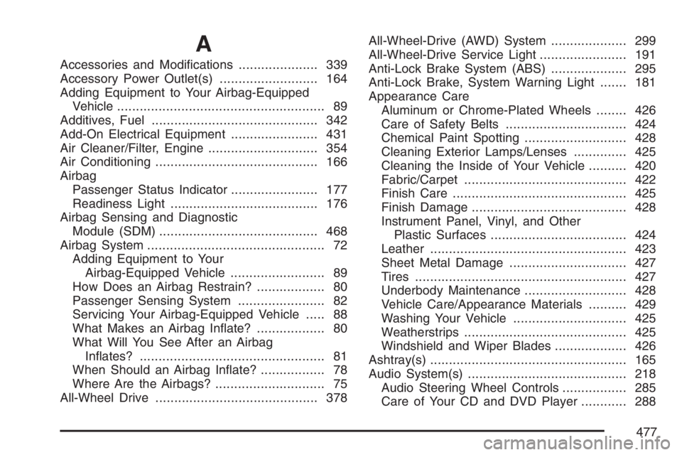 PONTIAC TORRENT 2007  Owners Manual A
Accessories and Modi�cations..................... 339
Accessory Power Outlet(s).......................... 164
Adding Equipment to Your Airbag-Equipped
Vehicle........................................