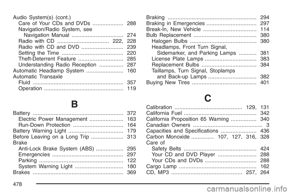 PONTIAC TORRENT 2007  Owners Manual Audio System(s) (cont.)
Care of Your CDs and DVDs................... 288
Navigation/Radio System, see
Navigation Manual................................ 274
Radio with CD...............................