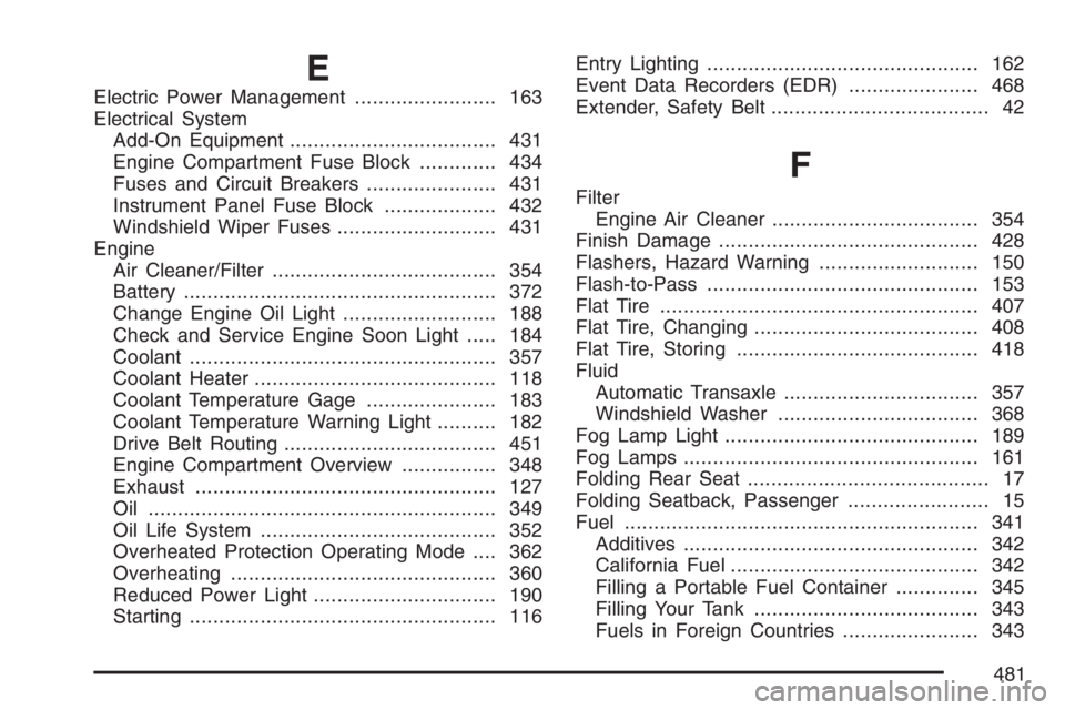 PONTIAC TORRENT 2007  Owners Manual E
Electric Power Management........................ 163
Electrical System
Add-On Equipment................................... 431
Engine Compartment Fuse Block............. 434
Fuses and Circuit Break