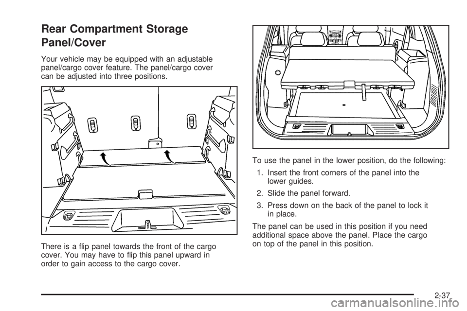 PONTIAC TORRENT 2006  Owners Manual Rear Compartment Storage
Panel/Cover
Your vehicle may be equipped with an adjustable
panel/cargo cover feature. The panel/cargo cover
can be adjusted into three positions.
There is a �ip panel towards