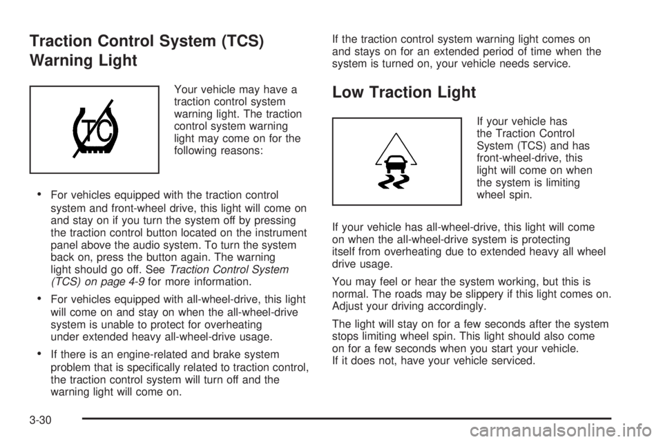 PONTIAC TORRENT 2006  Owners Manual Traction Control System (TCS)
Warning Light
Your vehicle may have a
traction control system
warning light. The traction
control system warning
light may come on for the
following reasons:
For vehicle
