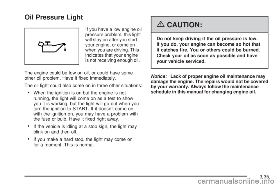 PONTIAC TORRENT 2006  Owners Manual Oil Pressure Light
If you have a low engine oil
pressure problem, this light
will stay on after you start
your engine, or come on
when you are driving. This
indicates that your engine
is not receiving