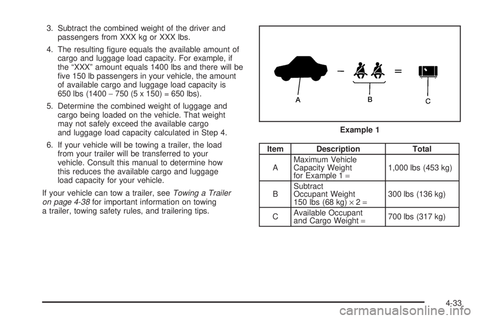 PONTIAC TORRENT 2006  Owners Manual 3. Subtract the combined weight of the driver and
passengers from XXX kg or XXX lbs.
4. The resulting �gure equals the available amount of
cargo and luggage load capacity. For example, if
the “XXX