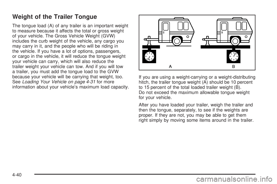 PONTIAC TORRENT 2006  Owners Manual Weight of the Trailer Tongue
The tongue load (A) of any trailer is an important weight
to measure because it affects the total or gross weight
of your vehicle. The Gross Vehicle Weight (GVW)
includes 