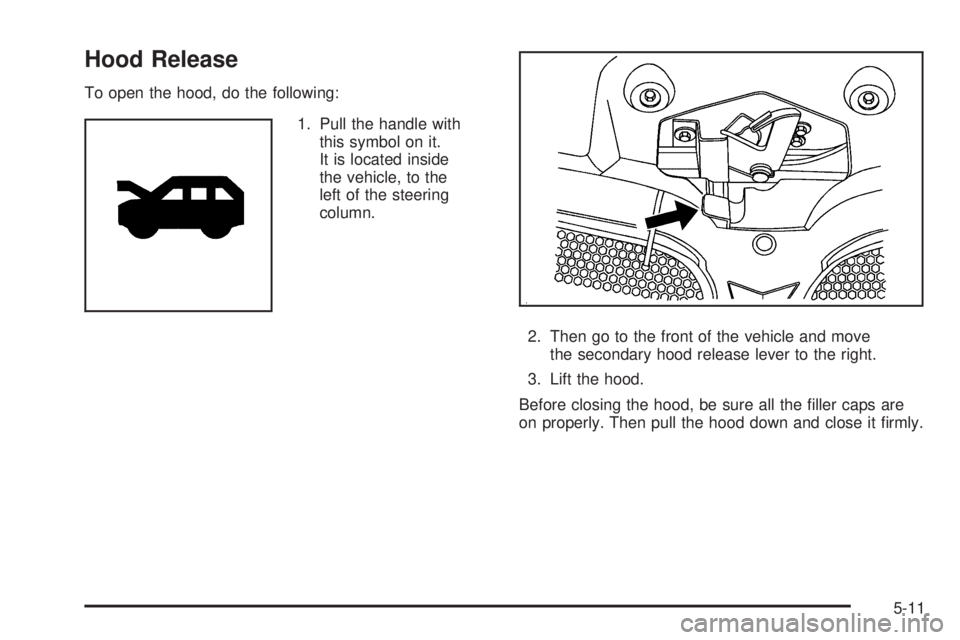 PONTIAC TORRENT 2006  Owners Manual Hood Release
To open the hood, do the following:
1. Pull the handle with
this symbol on it.
It is located inside
the vehicle, to the
left of the steering
column.
2. Then go to the front of the vehicle