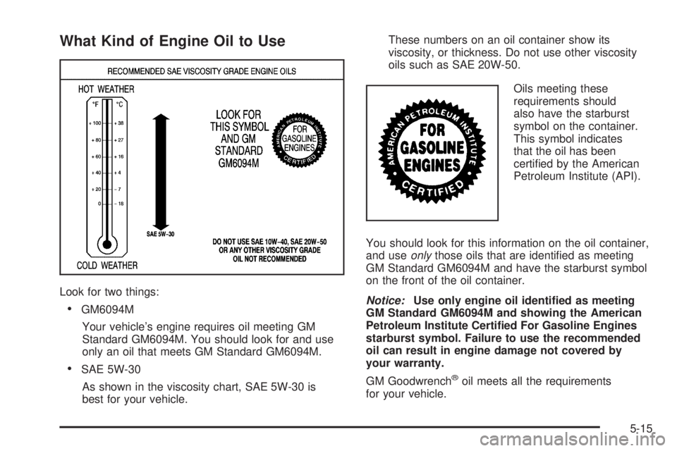PONTIAC TORRENT 2006 Owners Manual What Kind of Engine Oil to Use
Look for two things:
GM6094M
Your vehicle’s engine requires oil meeting GM
Standard GM6094M. You should look for and use
only an oil that meets GM Standard GM6094M.
PONTIAC TORRENT 2006 Owners Manual What Kind of Engine Oil to Use
Look for two things:
GM6094M
Your vehicle’s engine requires oil meeting GM
Standard GM6094M. You should look for and use
only an oil that meets GM Standard GM6094M.
