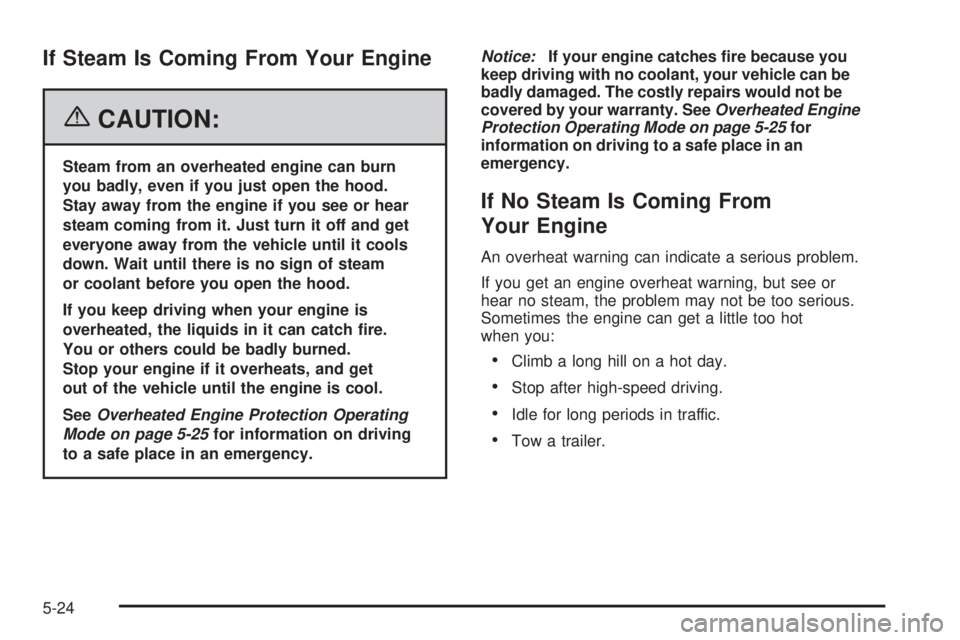 PONTIAC TORRENT 2006  Owners Manual If Steam Is Coming From Your Engine
{CAUTION:
Steam from an overheated engine can burn
you badly, even if you just open the hood.
Stay away from the engine if you see or hear
steam coming from it. Jus