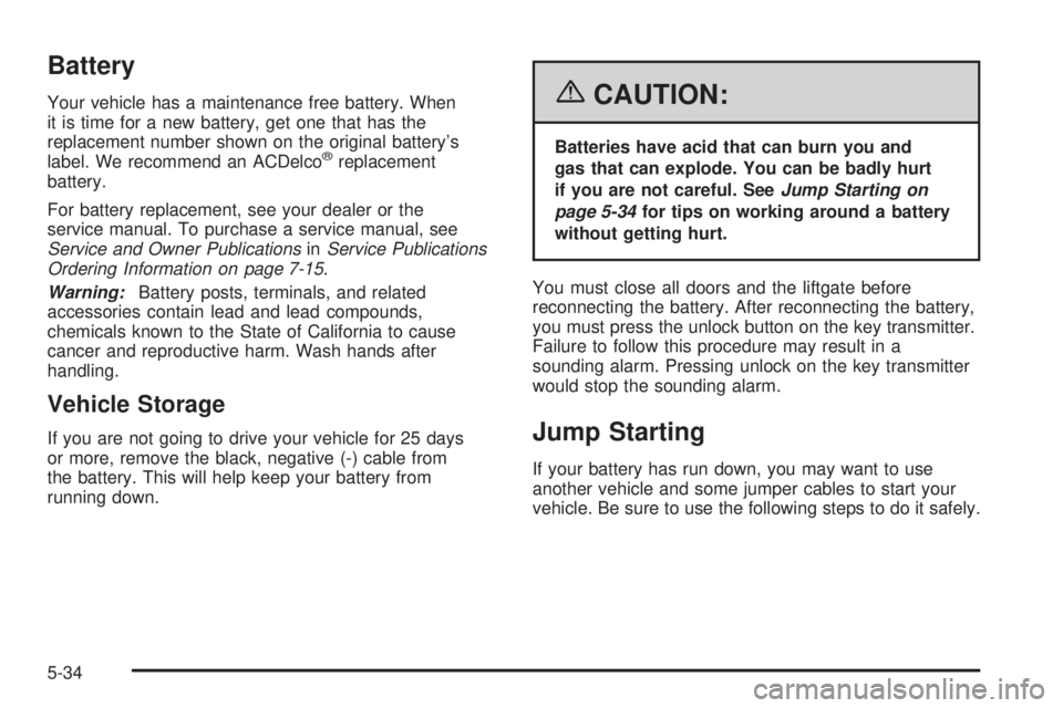 PONTIAC TORRENT 2006  Owners Manual Battery
Your vehicle has a maintenance free battery. When
it is time for a new battery, get one that has the
replacement number shown on the original battery’s
label. We recommend an ACDelco
®repla