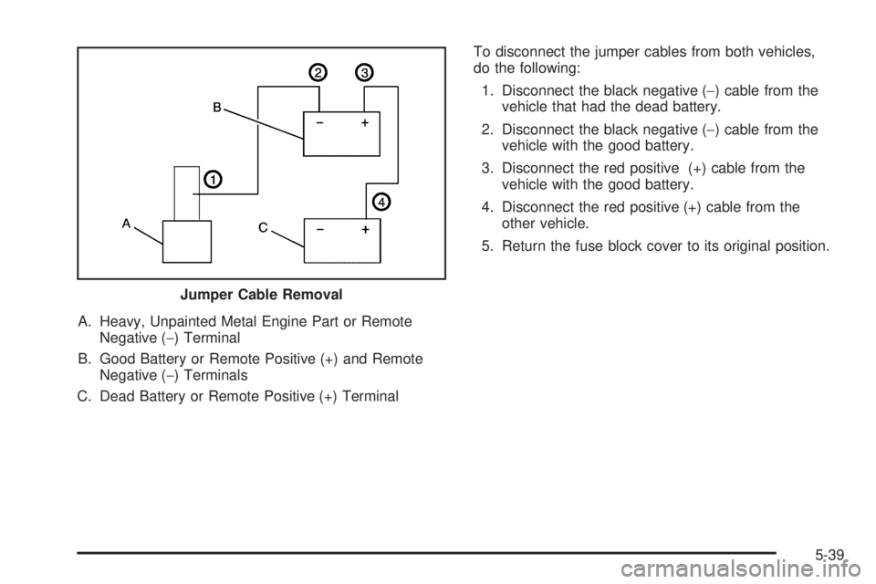 PONTIAC TORRENT 2006  Owners Manual A. Heavy, Unpainted Metal Engine Part or Remote
Negative (−) Terminal
B. Good Battery or Remote Positive (+) and Remote
Negative (−) Terminals
C. Dead Battery or Remote Positive (+) TerminalTo dis