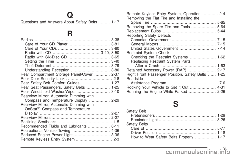 PONTIAC TORRENT 2006  Owners Manual Q
Questions and Answers About Safety Belts.........1-17
R
Radios..........................................................3-38
Care of Your CD Player...............................3-81
Care of Your CD