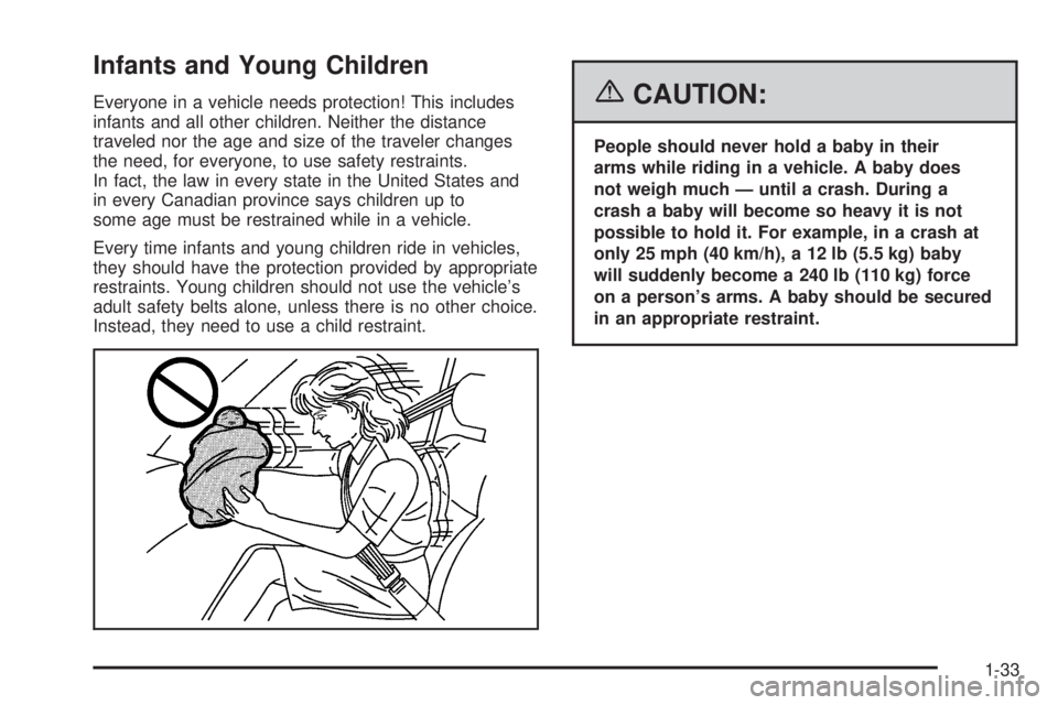 PONTIAC TORRENT 2006 Owners Guide Infants and Young Children
Everyone in a vehicle needs protection! This includes
infants and all other children. Neither the distance
traveled nor the age and size of the traveler changes
the need, fo PONTIAC TORRENT 2006 Owners Guide Infants and Young Children
Everyone in a vehicle needs protection! This includes
infants and all other children. Neither the distance
traveled nor the age and size of the traveler changes
the need, fo