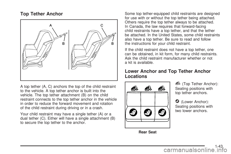 PONTIAC TORRENT 2006 Service Manual Top Tether Anchor
A top tether (A, C) anchors the top of the child restraint
to the vehicle. A top tether anchor is built into the
vehicle. The top tether attachment (B) on the child
restraint connect