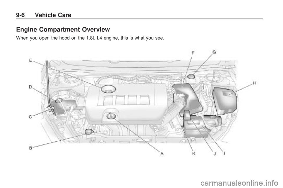 PONTIAC VIBE 2010 Owners Manual Engine Compartment Overview
When you open the hood on the 1.8L L4 engine, this is what you see.
9-6 Vehicle Care PONTIAC VIBE 2010 Owners Manual Engine Compartment Overview
When you open the hood on the 1.8L L4 engine, this is what you see.
9-6 Vehicle Care
