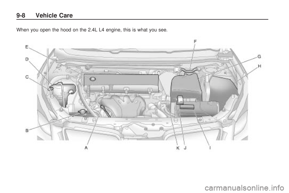 PONTIAC VIBE 2010 Owners Manual When you open the hood on the 2.4L L4 engine, this is what you see.
9-8 Vehicle Care PONTIAC VIBE 2010 Owners Manual When you open the hood on the 2.4L L4 engine, this is what you see.
9-8 Vehicle Care