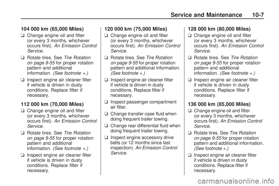 PONTIAC VIBE 2010 Owners Manual 104 000 km (65,000 Miles)
❑Change engine oil and filter
(or every 3 months, whichever
occurs first). An Emission Control
Service.
❑ Rotate tires. See Tire Rotation
on page 9-55 for proper rotati PONTIAC VIBE 2010 Owners Manual 104 000 km (65,000 Miles)
❑Change engine oil and filter
(or every 3 months, whichever
occurs first). An Emission Control
Service.
❑ Rotate tires. See Tire Rotation
on page 9-55 for proper rotati