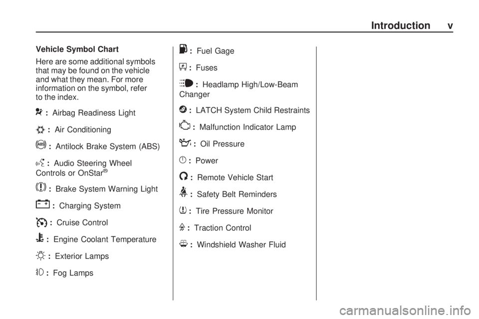 PONTIAC VIBE 2010  Owners Manual Vehicle Symbol Chart
Here are some additional symbols
that may be found on the vehicle
and what they mean. For more
information on the symbol, refer
to the index.
9:Airbag Readiness Light
#:Air Condit