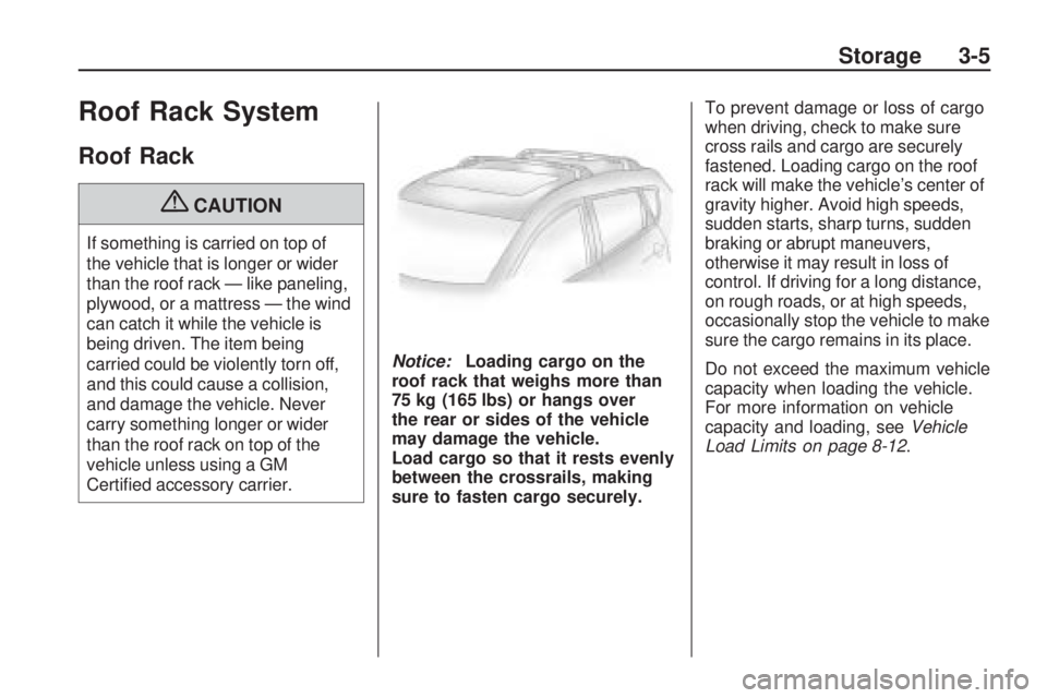 PONTIAC VIBE 2010 Manual Online Roof Rack System
Roof Rack
{CAUTION
If something is carried on top of
the vehicle that is longer or wider
than the roof rack — like paneling,
plywood, or a mattress — the wind
can catch it while t PONTIAC VIBE 2010 Manual Online Roof Rack System
Roof Rack
{CAUTION
If something is carried on top of
the vehicle that is longer or wider
than the roof rack — like paneling,
plywood, or a mattress — the wind
can catch it while t