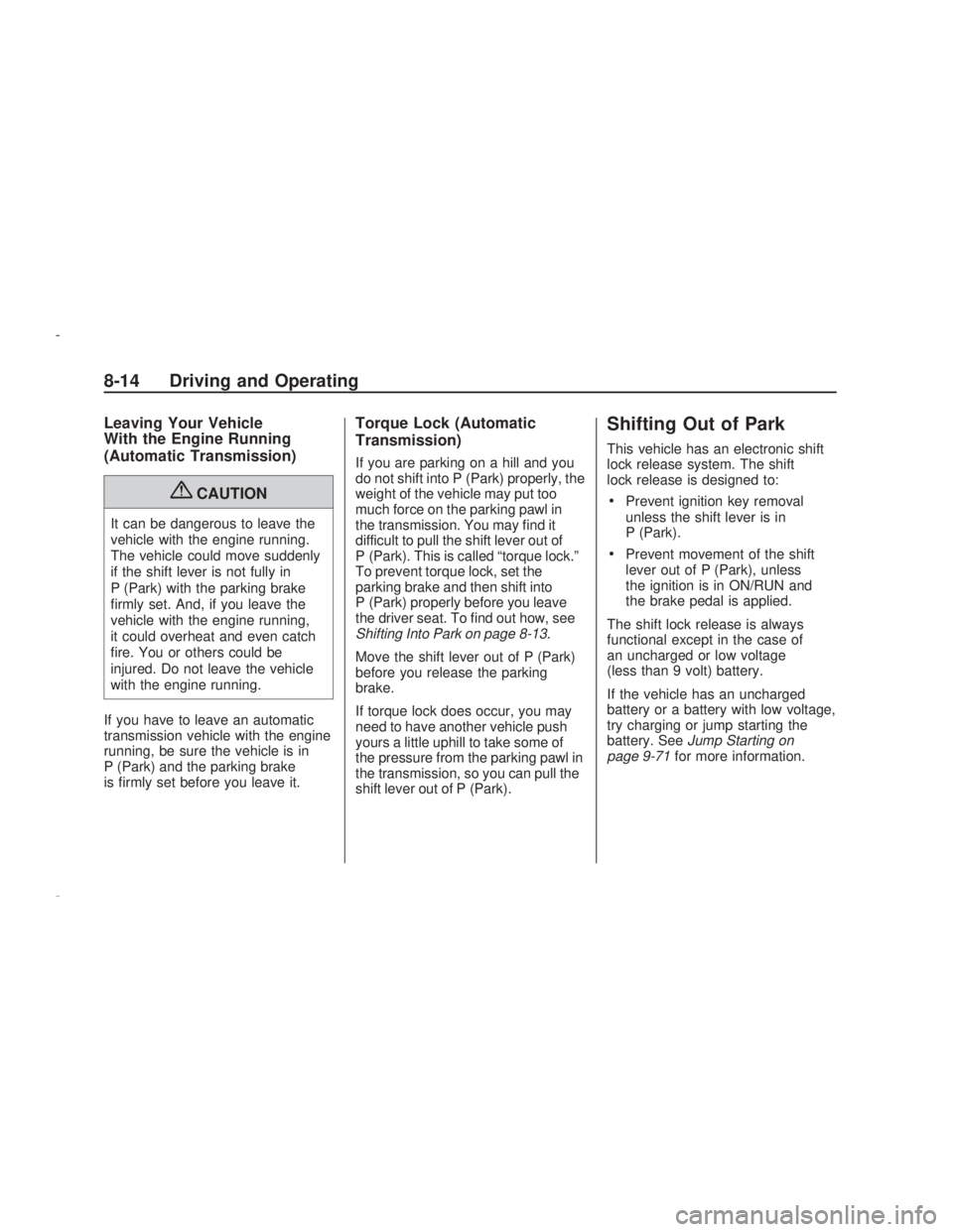 PONTIAC VIBE 2009  Owners Manual Leaving Your Vehicle
With the Engine Running
(Automatic Transmission)
{CAUTION
It can be dangerous to leave the
vehicle with the engine running.
The vehicle could move suddenly
if the shift lever is n