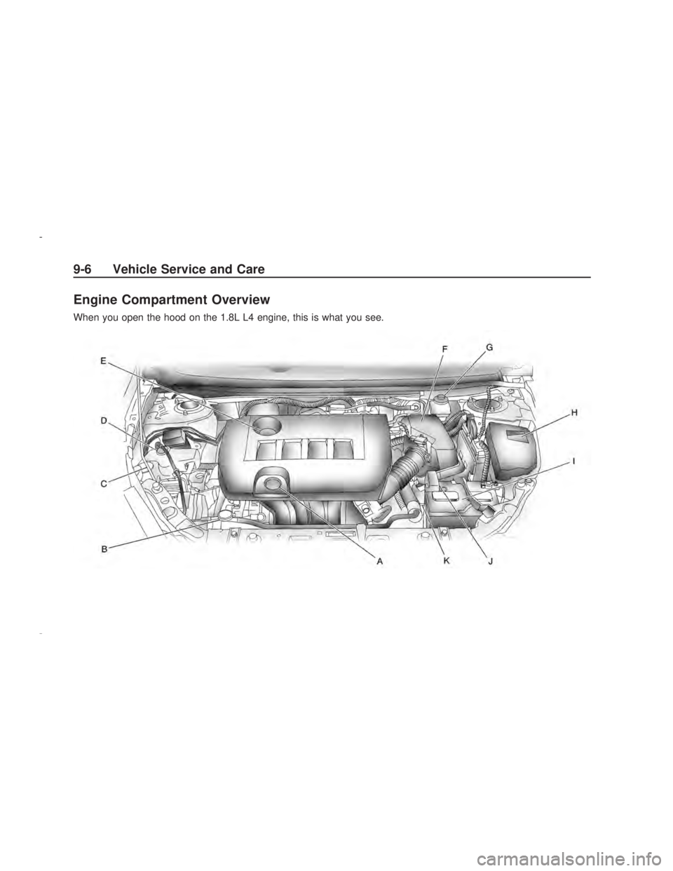 PONTIAC VIBE 2009  Owners Manual Engine Compartment Overview
When you open the hood on the 1.8L L4 engine, this is what you see.
9-6 Vehicle Service and Care
2009 - Pontiac Vibe Owner Manual 